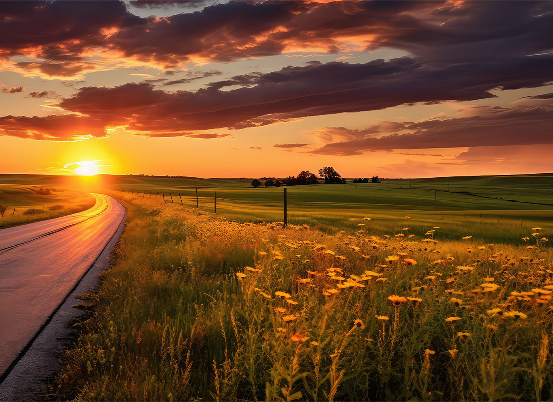 Laverne OK Insurance - Highway Oklahoma Road at Sunset with Wild Flowers